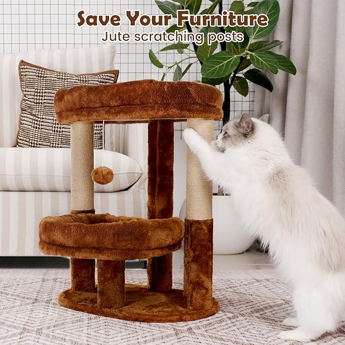 Cat Tree for Indoor Cats, 2-Tier Cat Tower with Padded Donut Beds, Stable Structure, Sisal Scratching Posts & Hanging Ball Toy, Modern Cat Furniture (Mocha Brown)