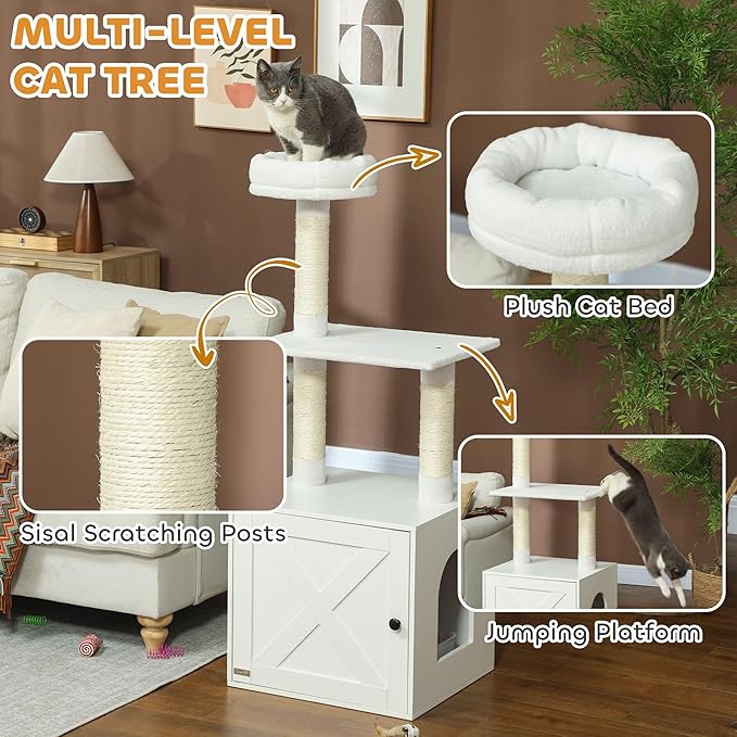 Elegant Multi-Tier Cat Tree with Privacy Litter Box, Premium Sisal Scratching Areas, Plush Bedding, Tiered Platforms - White