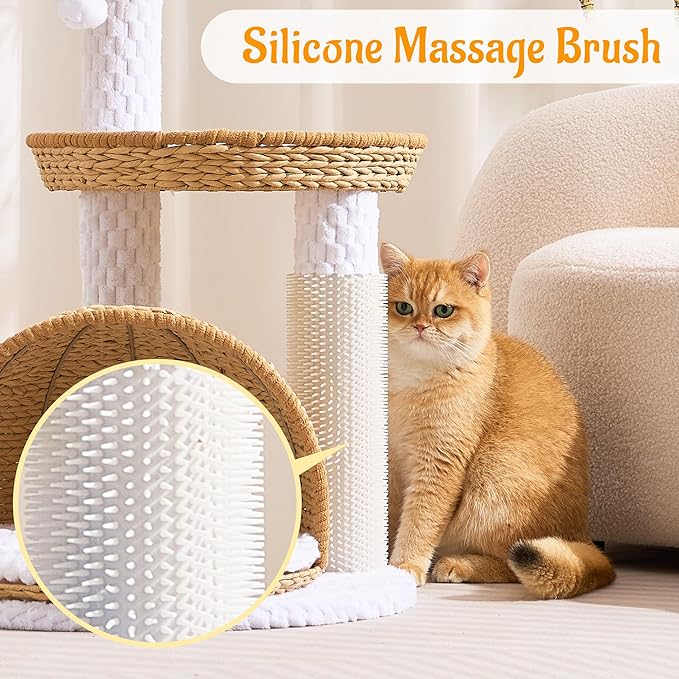 HITTITE Modern Cat Tree Tower with Scratching Post, 46 Inches Tall Cat Towers with Woven Cat Nests and Cave, Multi-Level Cat Tree With Removable Cushions and Massage Brush for Indoor Cats Large Adult.