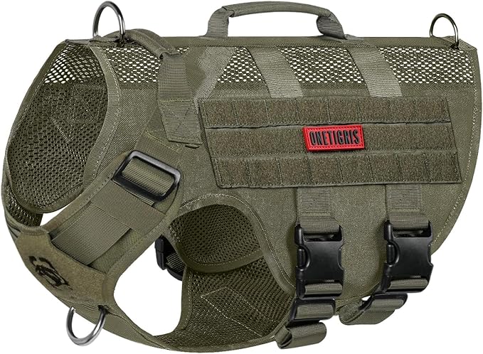 OneTigris No Pull Tactical Dog Harness for Large Dogs, Aire Mesh Harness Breathable Military Dog Molle Vests with Handles, Service Dog Vest Harness for Walking Hiking Training Green