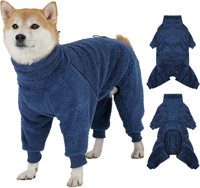 ROZKITCH Dog Full Body Winter Coat Cold Weather Jacket with Harness Opening, Pet Fleece Pajamas with Stretchy Legs & No-Zip Design Snug Fit for Small Breeds Blue M