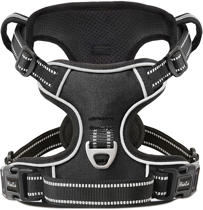 HEELE Dog Harness, No Pull Adjustable Padded Reflective Harness for Small Medium Large Dogs with Handle for Walking Training, Black, L