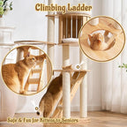 Modern Solid Wood Cat Tree for Indoor Cats Large Adult, 61.5in Tall Cat Tower with Sisal Scratching Posts, Ladder, Cozy Cat Beds, Semi-Open Cat Condo, Dangling Ball, Multi-Level Cat Furniture