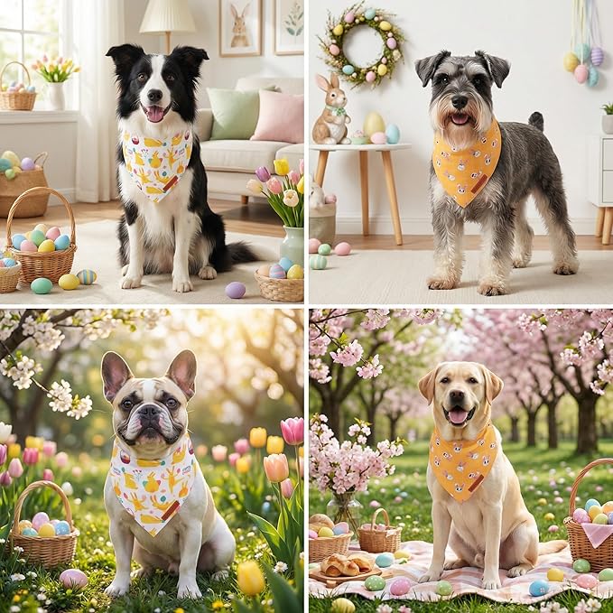ADOGGYGO Easter Dog Bandanas, Bunny Egg Print Puppy Scarf, Premium Fabric, Adjustable Fit Happy Easter Bandanas for Medium Large Dogs (Large)