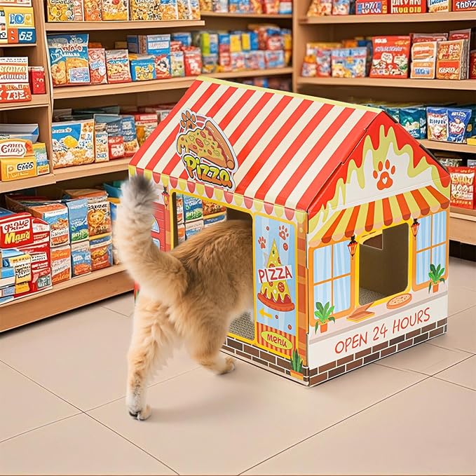 2 Pack Cardboard Cat Houses with Scratcher, 16.5''x12.25''x15'' Cat Hideaway Playhouse, Kitty Scratching Beds for Indoor Cats, Pizza Shop Cat Furniture Condo Cave Tent for Bunny Small Animals