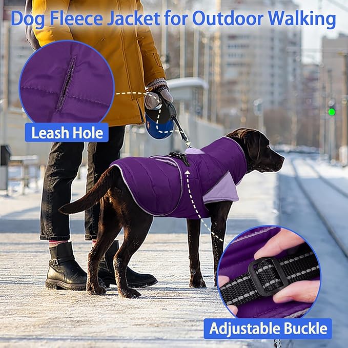 MIGOHI Dog Winter Coat - Reflective Medium Dog Snow Jacket with Thick Turtleneck,Windproof Pet Fleece Vest, Cold Weather Coat for Medium Dogs, Snowproof for Hiking,Camping,L,Purple