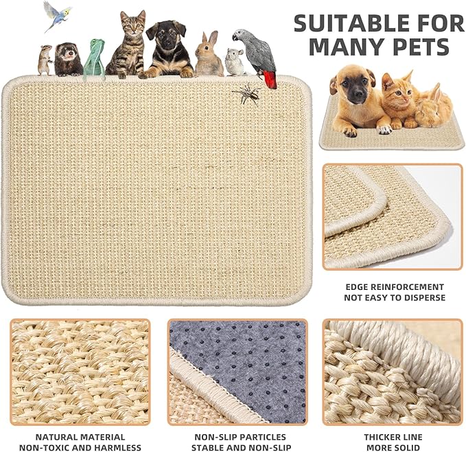 2 Pieces Rabbit Scratcher Mat, Natural Sisal Cat Bunny Rabbit Scratching Pad, Rabbit Animal Scratch Pad Rug for Indoor Horizontal Cat Floor Scratching Mats Rug, Furniture Protector (Beige)