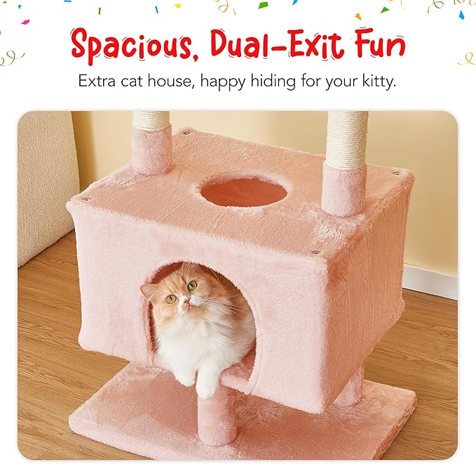 Pink Cat Tree, Floor to Ceiling Cat Tower Adjustable Height [92.9-102.4 in=235-258cm], 7 Tiers Cat Climbing Play House with Scratching Post, Cozy Condo & Hammocks for Indoor Cats