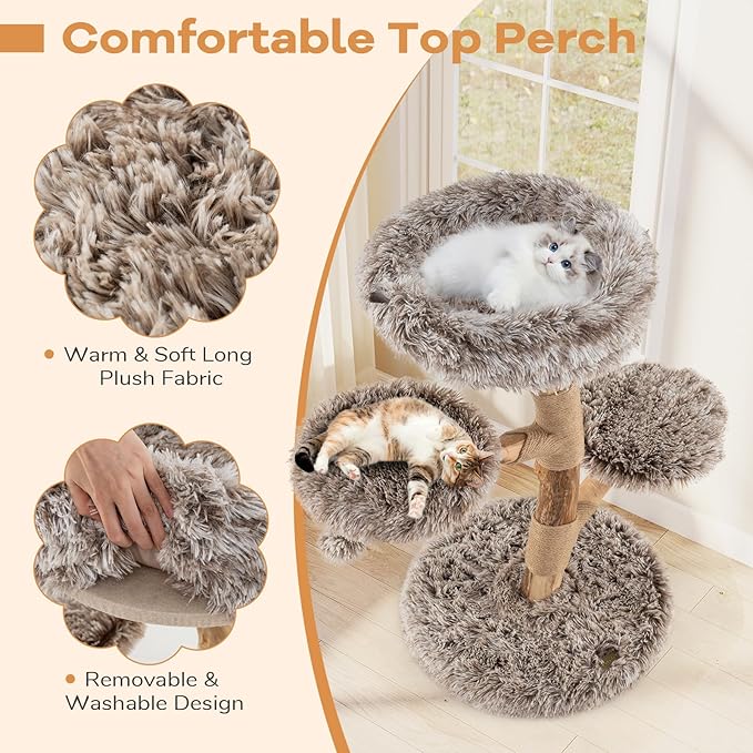 PETSITE 35.5-inch Wood Cat Tree, Multi-Level Real Pear Wood Modern Cat Tower with Jute Scratching Posts, Dangling Ball, Cozy Top Perch, 2 Jumping Platforms, Soft Long Plush Covered