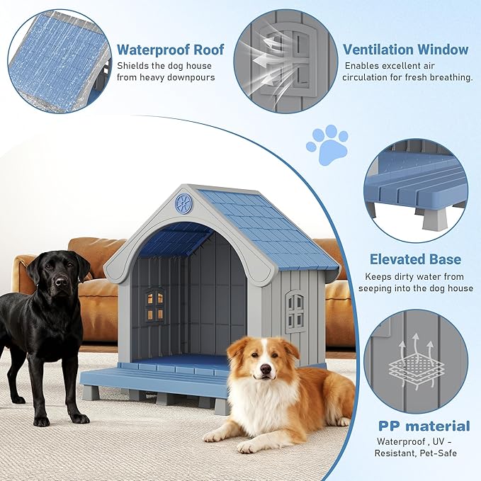 Fancyango Large Dog House with Porch Outdoor Indoor Sturdy Plastic Waterproof Doghouse with Air Vents and Elevated Floor Easy Clean and Assemble for Medium Large Dogs (Blue1, 33" L×31.5" W×38" H)