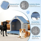 Fancyango Large Dog House with Porch Outdoor Indoor Sturdy Plastic Waterproof Doghouse with Air Vents and Elevated Floor Easy Clean and Assemble for Medium Large Dogs (Blue1, 33" L×31.5" W×38" H)