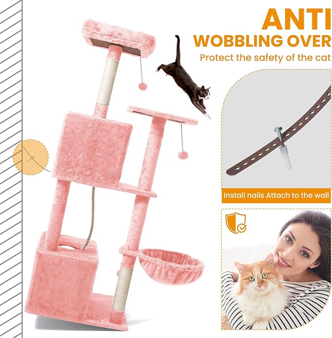 Cat Tree, 54-Inch Cat Tower for Indoor Cats,Plush Multi-Level Cat Condo with Scratching Posts, Basket, Perches,2 Caves,2 Pompoms(Pink)