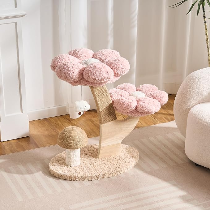 797Audio Flower Cat Tree, 30" Wood Branch Cat Tower with Scratching Post for Indoor Adult Cats,Luxury Aesthetic Cat Tree with Mushroom Cat Scratcher & Interactive Squeaky Toy, Pink