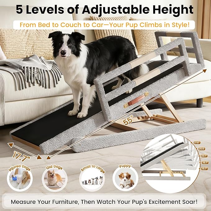 Dog Ramp for Bed, 5 Adjustable Height Wooden Ramp for Dogs from 16"–28", 17" Wide Pet Ramps for Dogs to Get on High Bed/Couch/Car with Soft Padding & Anti-Slip Grip, Up to 250LBS for Small/Large Dog