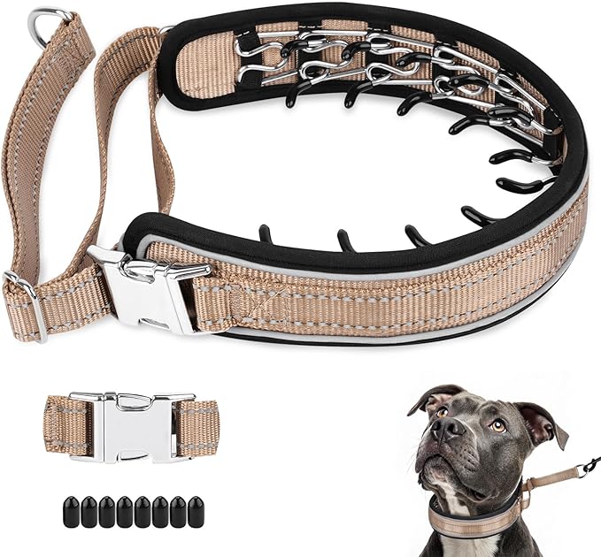 Mayerzon Prong Collar for Large Medium Dogs, Patented Reflective Pinch Collar with Metal Buckle, No Pull Adjustable Hidden Covered Dog Walking Training for Pitbull German Shepherd Doberman(Brown, L)