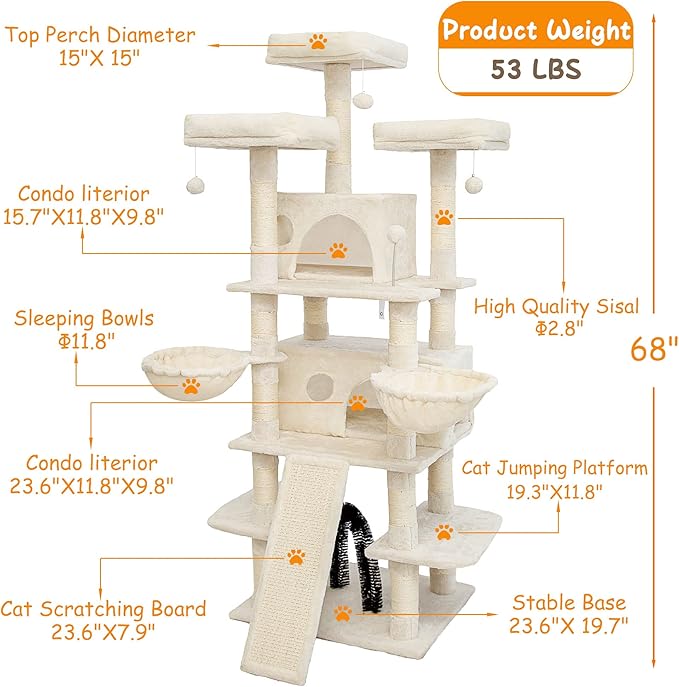 Go Pet Club 68 Inches Multi-Level Big Cat Tree, Tower with Sisal Scratching Posts, Hanging Basket & Comfortable Perches for Large Cats