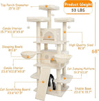 Go Pet Club 68 Inches Multi-Level Big Cat Tree, Tower with Sisal Scratching Posts, Hanging Basket & Comfortable Perches for Large Cats