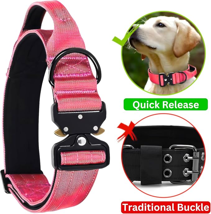 Heavy Duty Tactical Dog Collar, Adjustable Nylon with Metal Buckle, Multiple Colors (Red Rose, XL)