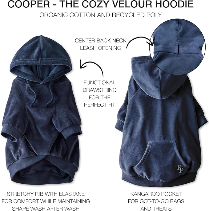 Cooper II Organic Cotton Velour Dog Hoodie Pet Coat for Small, Medium and Large Dogs, Navy, XX-Large (70-110 lbs)