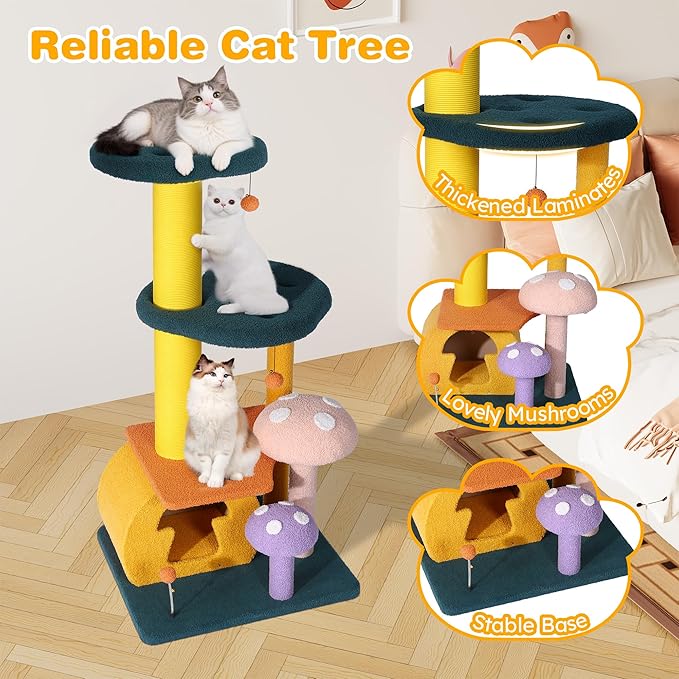KAMABOKO Mushroom Cat Tree, Cute Cat Tower with Full-Wrapped Sisal Posts, Scratching Boards & Interactive Balls, Multi-Level Cat Activity Tree