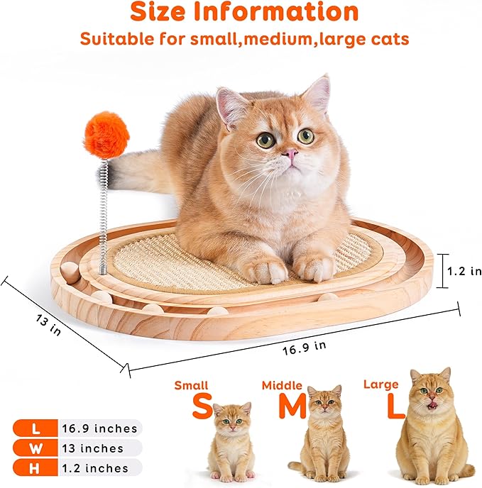 Cat Scratch Pad with Ball Track and Spring Toy, Wooden Cat Scratcher with Sisal Scratching Mat, Ball Track System and 3 Replacement Toy for Cats Scratching,Chasing and Playing (Nature Wood)