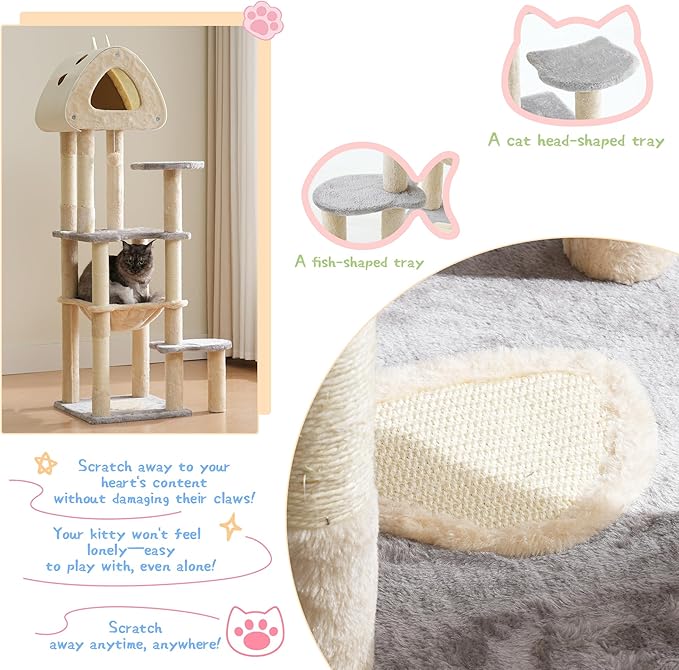 Cat Tree Tower, 56.3-Inch Multi-Level Cat Tree for Indoor Cats with Scratching Posts, Condos, Plush Perches, Hanging Cat Toy, Cute Cat Tree for Kittens & Adult Cats, Grey