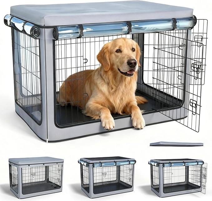 Dog Crate Cover, Heavy Duty Waterproof Abrasion-Resistant and Scratch-Resistant Knife-Scraped Fabric with Breathable Mesh & Detachable Sunshade, Dog Cage Cover Universal Fit for Wire Crates (42-Inch)