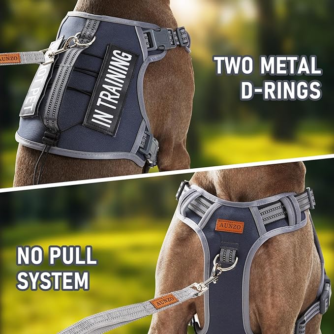 Service Dog Vest Harness with 2 Velcro Patches, No Pull Dog Harness for Walking Training Hiking, Metal D-Rings Easy on/Off Neck Buckle Reflective Strips Soft Padded Handle, Gray
