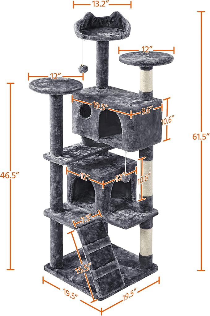 Topeakmart 61in Cat Tree for Indoor Cats, Cat Tower with Scratching Posts Spacious Perch & Platform for Kittens, Dark Gray