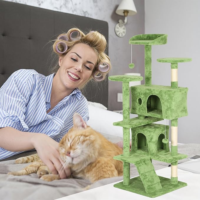 54 Inches Tall Cat Tree Tower for Indoor Cats, Multi-Level Condo Furniture With Scratching Post Stand, Trees With Funny Toys and House for Kitten Rest & Fun, Green