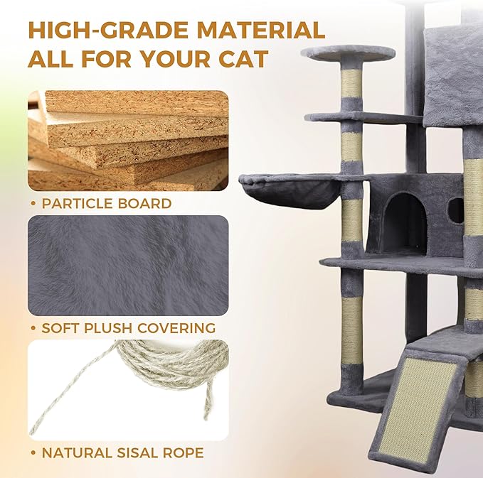 Dark Gray 84in Heavy Duty Cat Tree, Cat Tree Tower for Indoor Cats Large Adult, Extra Cat Tower with 12 Sisal Scratching Post, Large Top Platform, Hammock, Cat Condo for Kittens