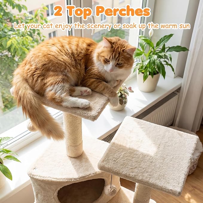 Tangkula Corner Cat Tree, Multi-Level Cat Tower with Top Perches & Cozy Condo, Natural Sisal Scratching Posts & Climbing Ladder, Playful Cat Hole & Hanging Balls, Kitty Climbing Play Center (Beige)