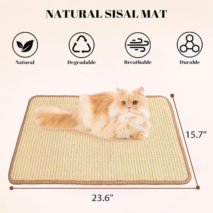 CHEERPALS Sisal Cat Scratcher Mat for Indoor Cats, 23.6 X 15.7 Inch Natural Sisal Fabric Scratching Pad Horizontal Scratch Rug with Sticky Tapes, Protect Couch, Wall and Carpets (White)