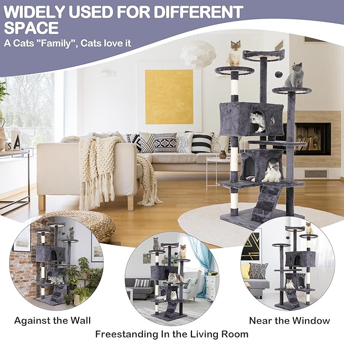 54'' Tall Cat Tree for Indoor Cats, Multi-Level Furniture with 3 Scratching Post, Stand Platform and 2 Condo, Tower Funny Toys, Corner Towers Large Cats Light Grey