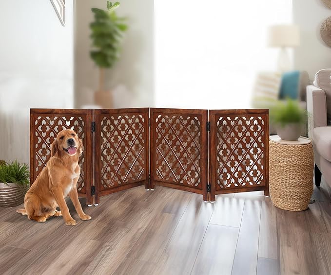 Wooden Foldable Pet Dog Safety Gate - 4 Panels Lattice 20 W x 24 H - Hand Carved Solid Wood & MDF - Free Standing Portable Indoor Doorway Hall Stairs Puppy Fence - Assembled - Antique Brown - IRONGATE
