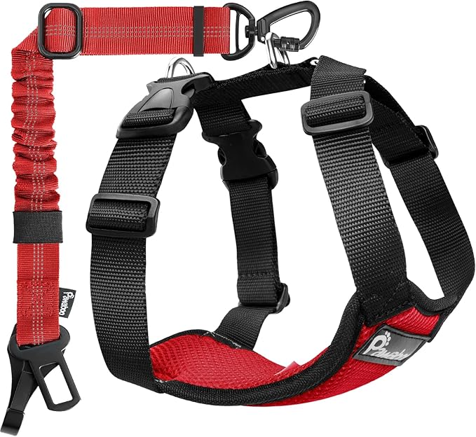 Pawaboo Dog Seat Belt Harness for Car, Dog Car Harness Seatbelt with Double Clips, Adjustable Breathable Pet Vest & Dogs Safety Tether with Elastic Bungee for Small Medium Large Pet, XXL, Red+Black