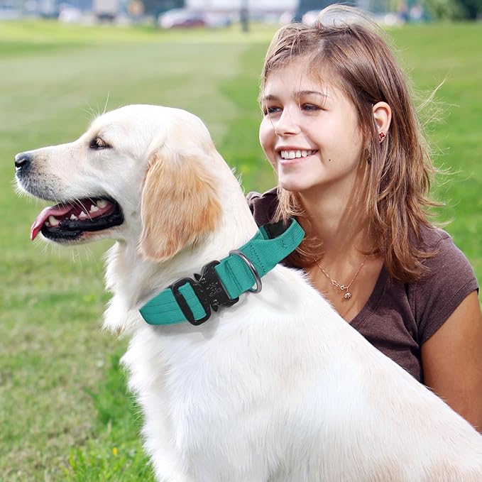 MoNiBloom Tactical Dog Collar with Handle, 1.5 Inch Wide Heavy Duty Military Collar for Medium Large Dog Walking, Training, Running, Teal