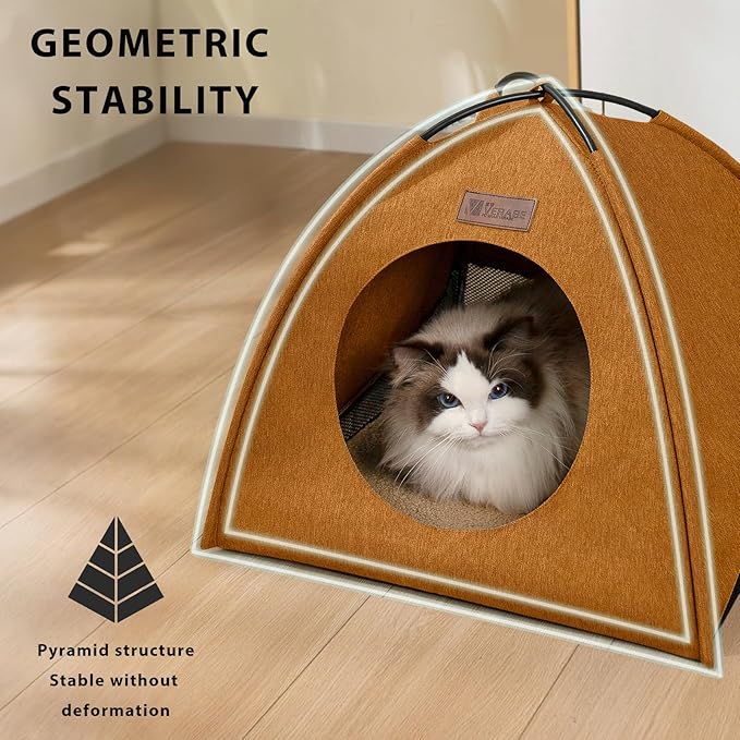 Pop-up Cat Tent Indoor Outdoor, Waterproof Cat House with Removable Cushion for All Seasons, Portable Pyramid Cat Cave Bed for Cats & Small Dogs, No Assembly Folding Pet Tent,18.9x18.9x15.4,Brown