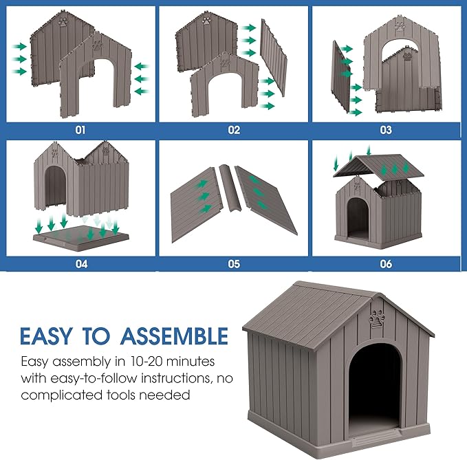 Fancyango Large Dog House Outdoor Indoor, Sturdy Plastic Waterproof Doghouse with Air Vents and Elevated Floor, Easy Clean and Assemble for Medium Large Dogs (Classic Grey, 36.2''L×38''W×38''H)