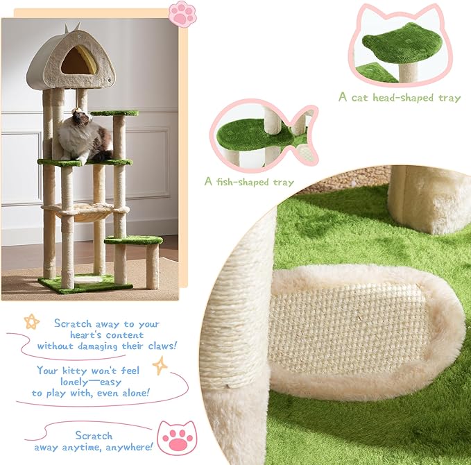 Cat Tree Tower, 56.3-Inch Multi-Level Cat Tree for Indoor Cats with Scratching Posts, Condos, Plush Perches, Hanging Cat Toy, Cute Cat Tree for Kittens & Adult Cats, Green