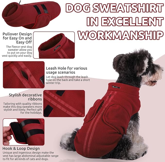 Queenmore Small Dog Sweater, Soft Fleece Vest Pullover Dog Jacket with Leash Hole, Warm Winter Dogs Clothes Cold Weather Doggy Dachshund Sweaters for Small Doggy Cats Boy or Girl (Burgundy, S)