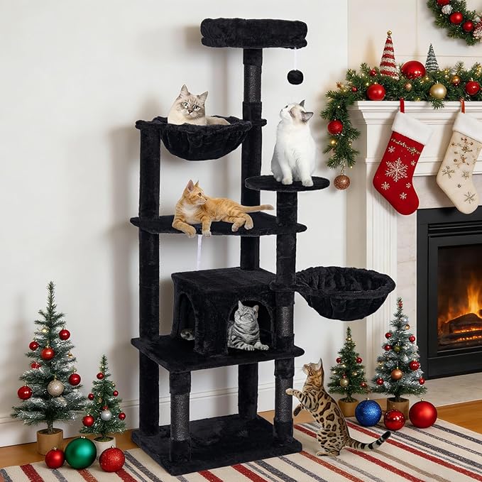 Tall Cat Tree,63in Multi-Level Cat Tower for Indoor Cats Large Adult,Gothic Cat Stand with Scratching Posts,Basket,Condo,Plush Perch,Cats Toys for Climbing,Interactive and Hidden,Black