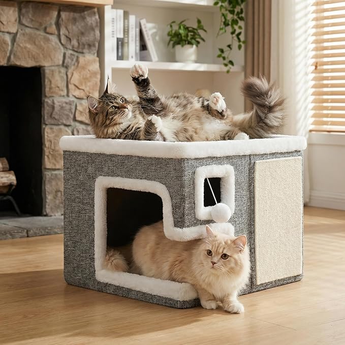 Cat Houses for Indoor Cats,Foldable with Cat Scratch Pad and Hanging Fur Ball - Washable Semi-Enclosed Cat Bed, Warming Comfy Cat Tent,16.5x16.5x12.99inch, Grey
