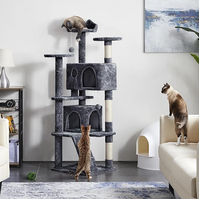 Topeakmart 61in Cat Tree for Indoor Cats, Cat Tower with Scratching Posts Spacious Perch & Platform for Kittens, Dark Gray