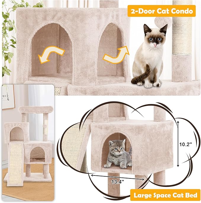36 Inches Cat Tree for Indoor Cats, Multi-Level Cat Tower with Scratching Posts, Ramp, Plush Perch & 2 Condos, Stable for Multiple Cats Kittens House & Small Room, Beige