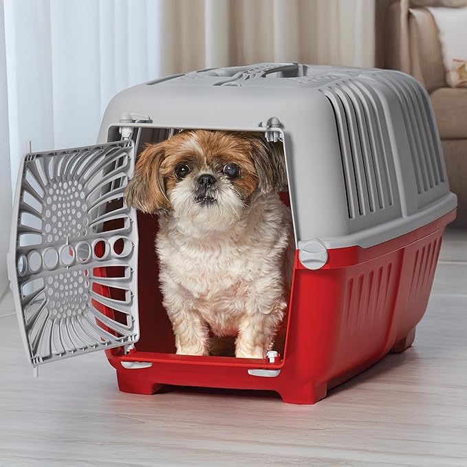 MidWest Homes for Pets Spree Travel Carrier - Hard-Sided Dog & Cat Carrier, Small Pet Travel Crate with Handle, Ventilated Design, Durable Plastic Door, Easy Assembly, 22-Inch, Red