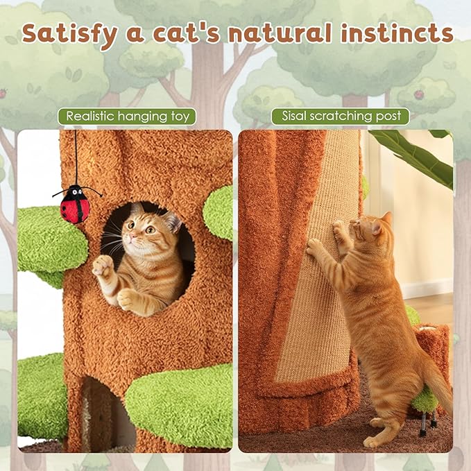 NUNU LAB Large Cat Tree for Indoor Cats – Multi-Level Solid Wood cat Tree Tower with Sisal Scratching Posts, Jumping Platforms, Plush Perches & Spring Toys for Multi-Cat Homes