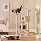 Yaheetech 54in Cat Tree, Multi-Level Cat Tower with Spacious Perch, 2 Cozy Caves, Scratching Posts, Climbing Ladder, 2 Plush Balls, Durable Pet House Furniture for Indoor Kittens, Beige