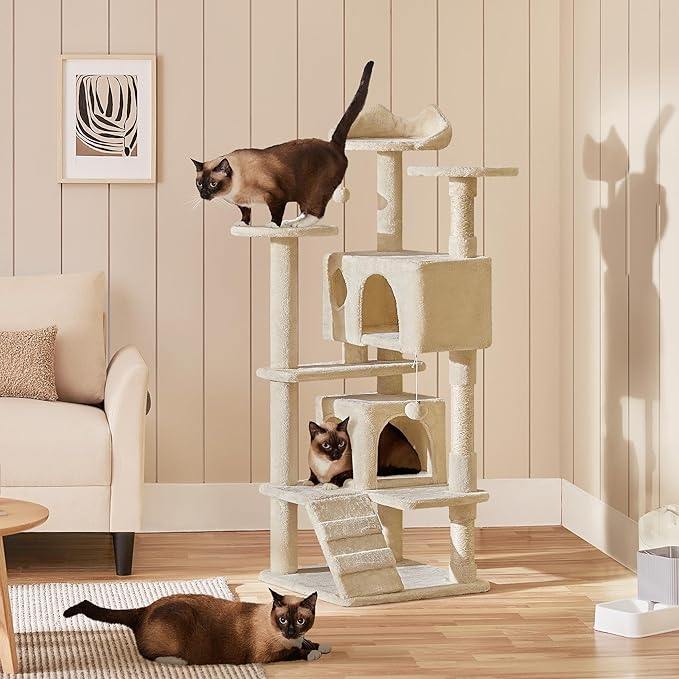 Yaheetech 54in Cat Tree, Multi-Level Cat Tower with Spacious Perch, 2 Cozy Caves, Scratching Posts, Climbing Ladder, 2 Plush Balls, Durable Pet House Furniture for Indoor Kittens, Beige