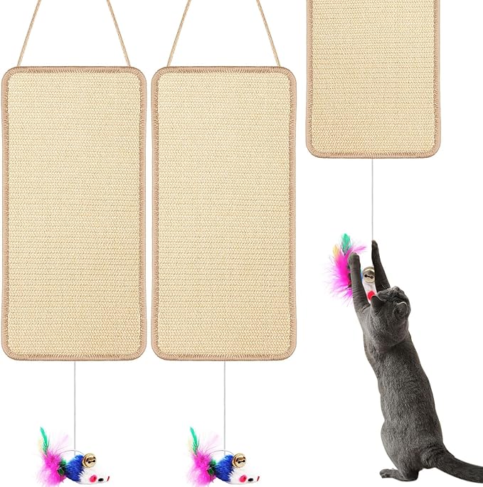 2 Pack Cat Door Toy 7.87"x19.69" Sisal Door Cat Scratching Mat with a Mouse Play Toys Double Use Hanging Scratcher Wall Floor Mount Kitty Scratching Pad for Indoor Kitten with Hemp Rope